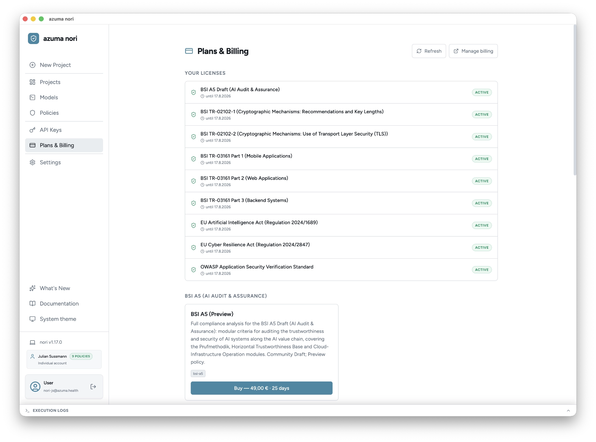 The Plans and Billing page in the azuma nori desktop app